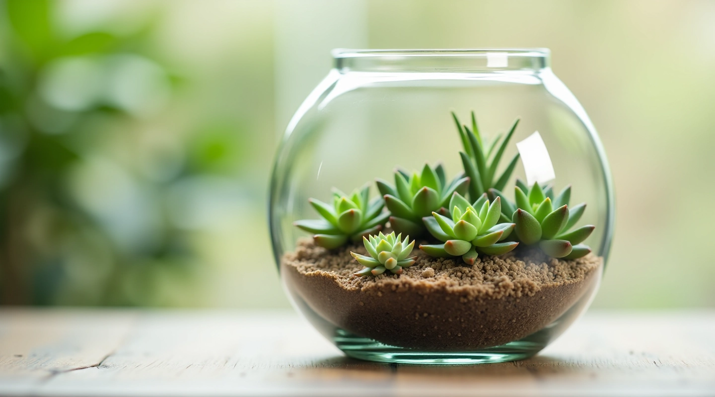 Beautiful glass terrarium filled with layered succulent plants, natural lighting, clean background
