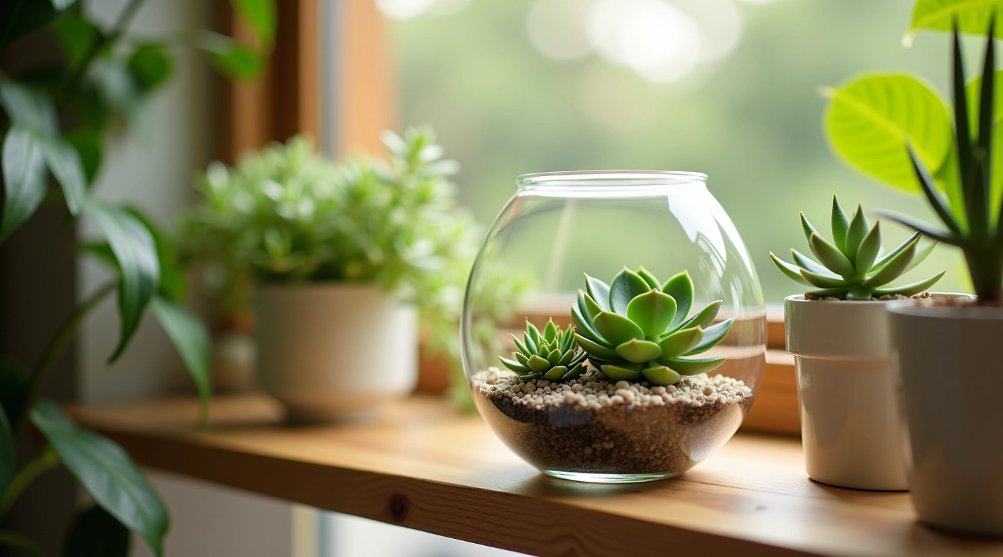 Handmade glass succulent terrarium with living plants