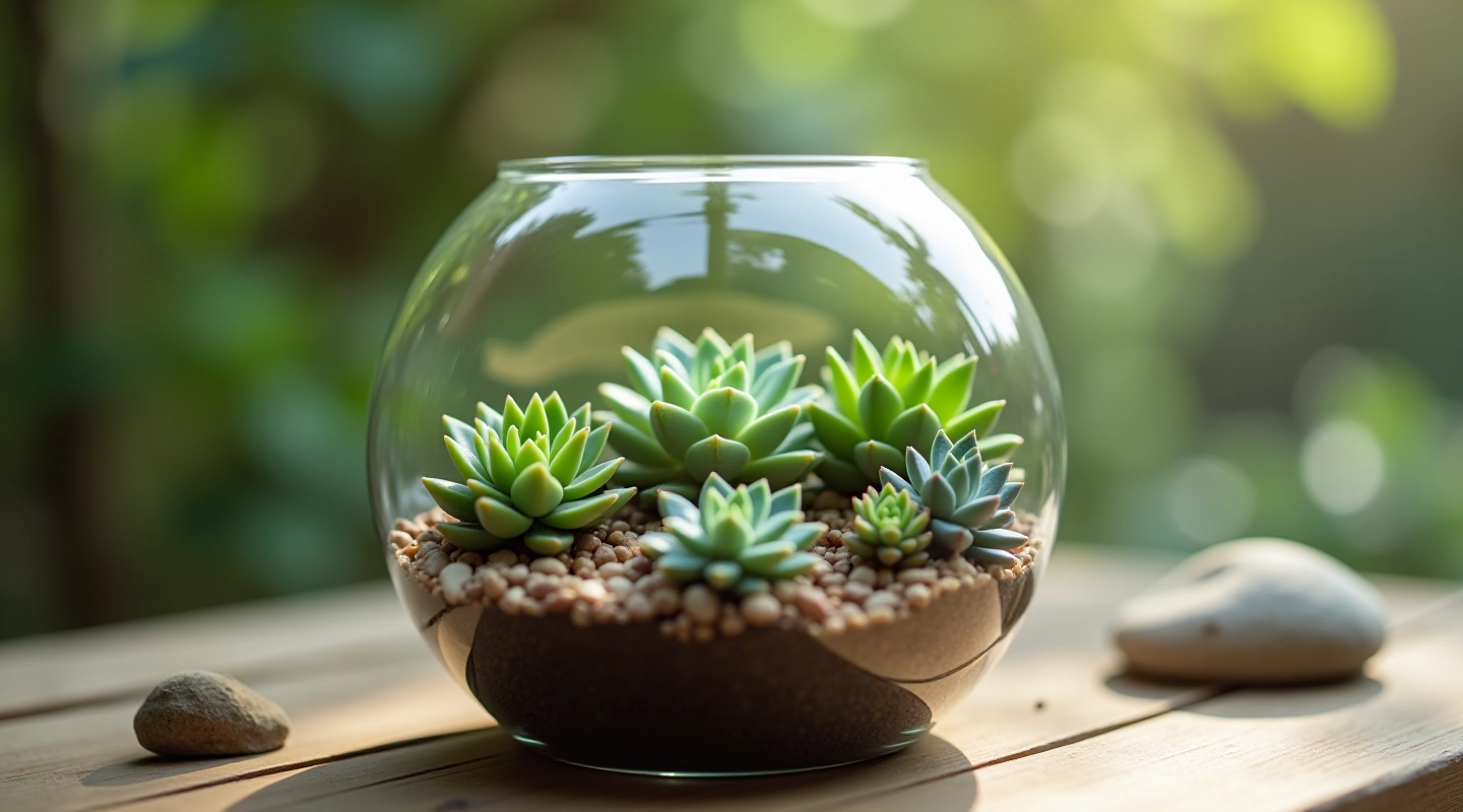 Beautiful handmade glass terrarium with succulent plants displayed as a gift