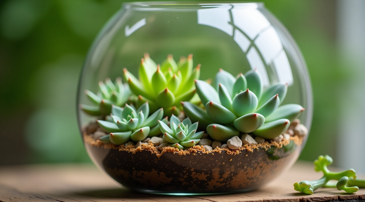 Beautiful succulent plants arranged in a glass terrarium with various species and textures displayed