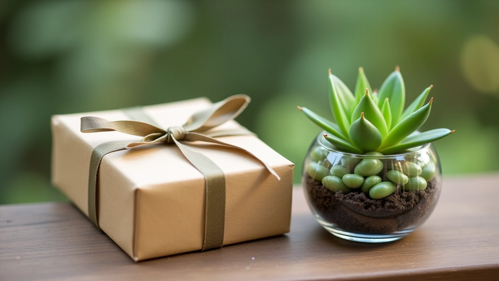 Beautifully wrapped terrarium gift box with ribbon alongside handmade glass terrarium with green plants