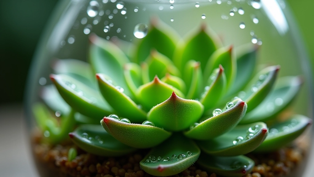 Close-up of condensation forming on the interior surface of a glass terrarium with green succulent plants visible inside
