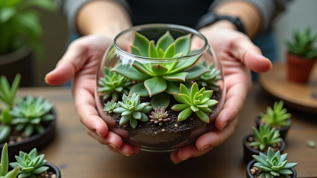 Hands arranging small succulent plants inside clear glass terrarium, showing proper spacing and height variation between plants