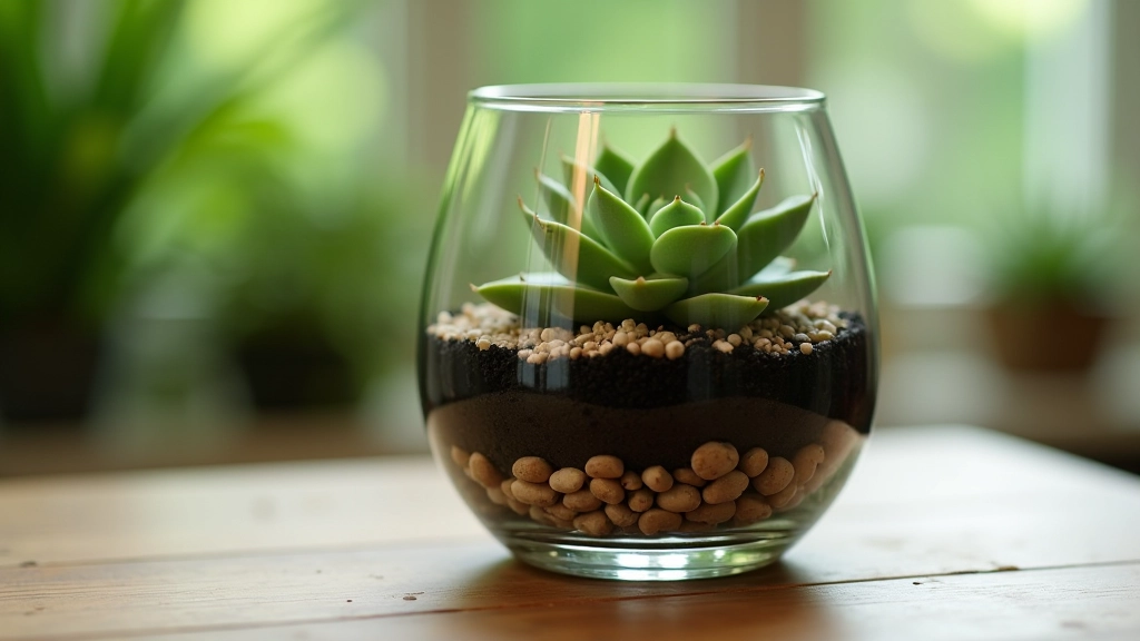 Cross-section diagram showing proper terrarium layering from bottom to top: pebbles, charcoal, soil, and succulent plants with roots