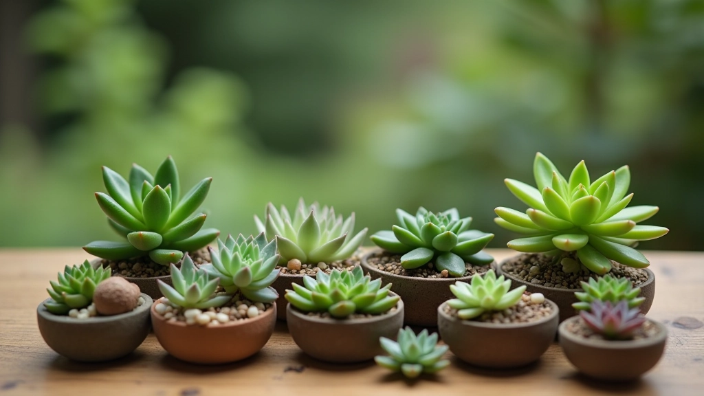 Collection of various succulent varieties displayed on wooden surface showing different shapes and colors
