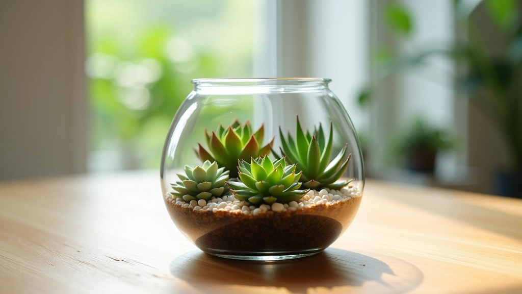 Finished terrarium with multiple succulents and decorative stones on wooden surface, bright natural lighting showing clear glass container