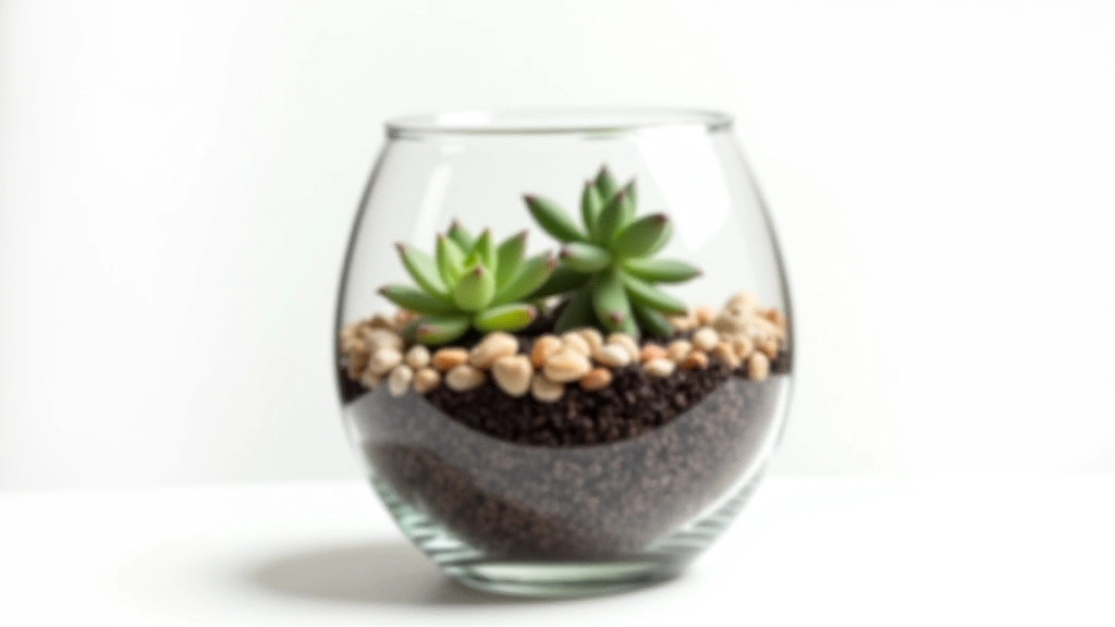 Layered cross-section view of terrarium components showing pebbles, charcoal, and soil layers in a clear glass container