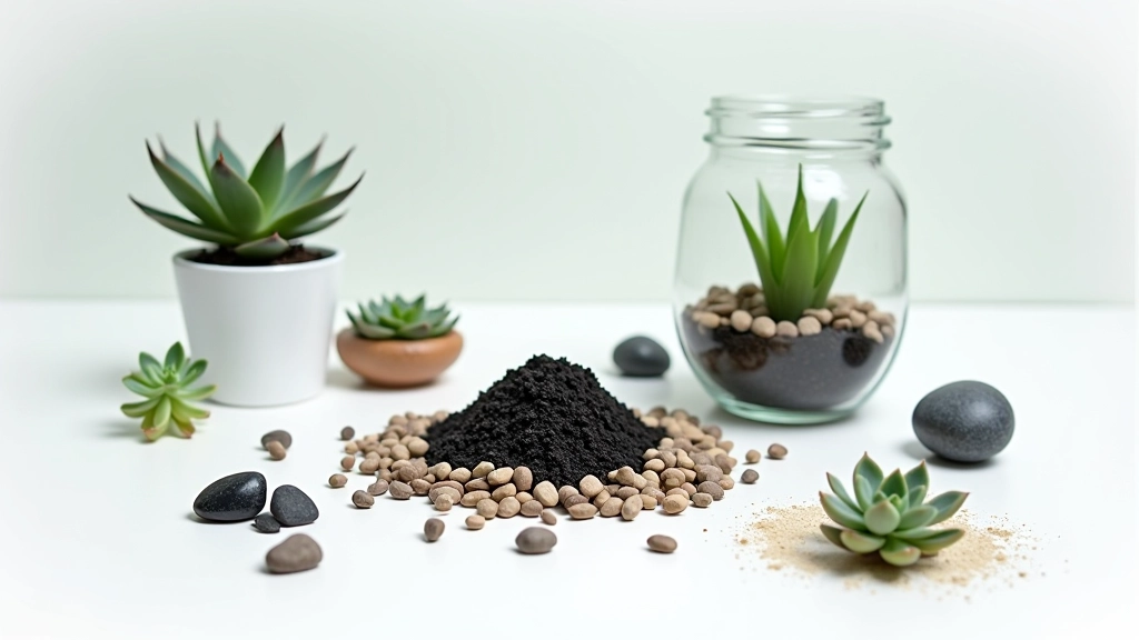Organized materials for terrarium on white surface: glass container, pebbles, charcoal, soil, succulent plants, and decorative stones
