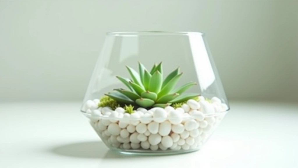 Geometric glass terrarium with jade plant and decorative pebbles