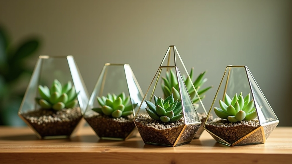 Geometric glass terrarium set arranged on display shelf