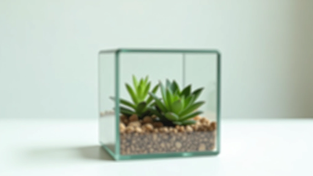 Clear glass cube terrarium with miniature succulent plants