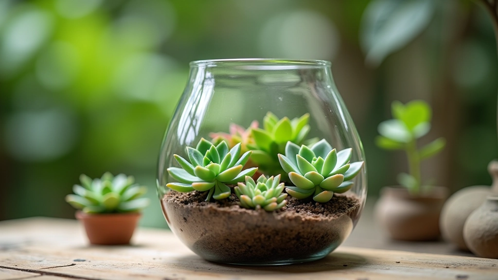 Glass terrarium with healthy succulent plants showing proper watering and care techniques