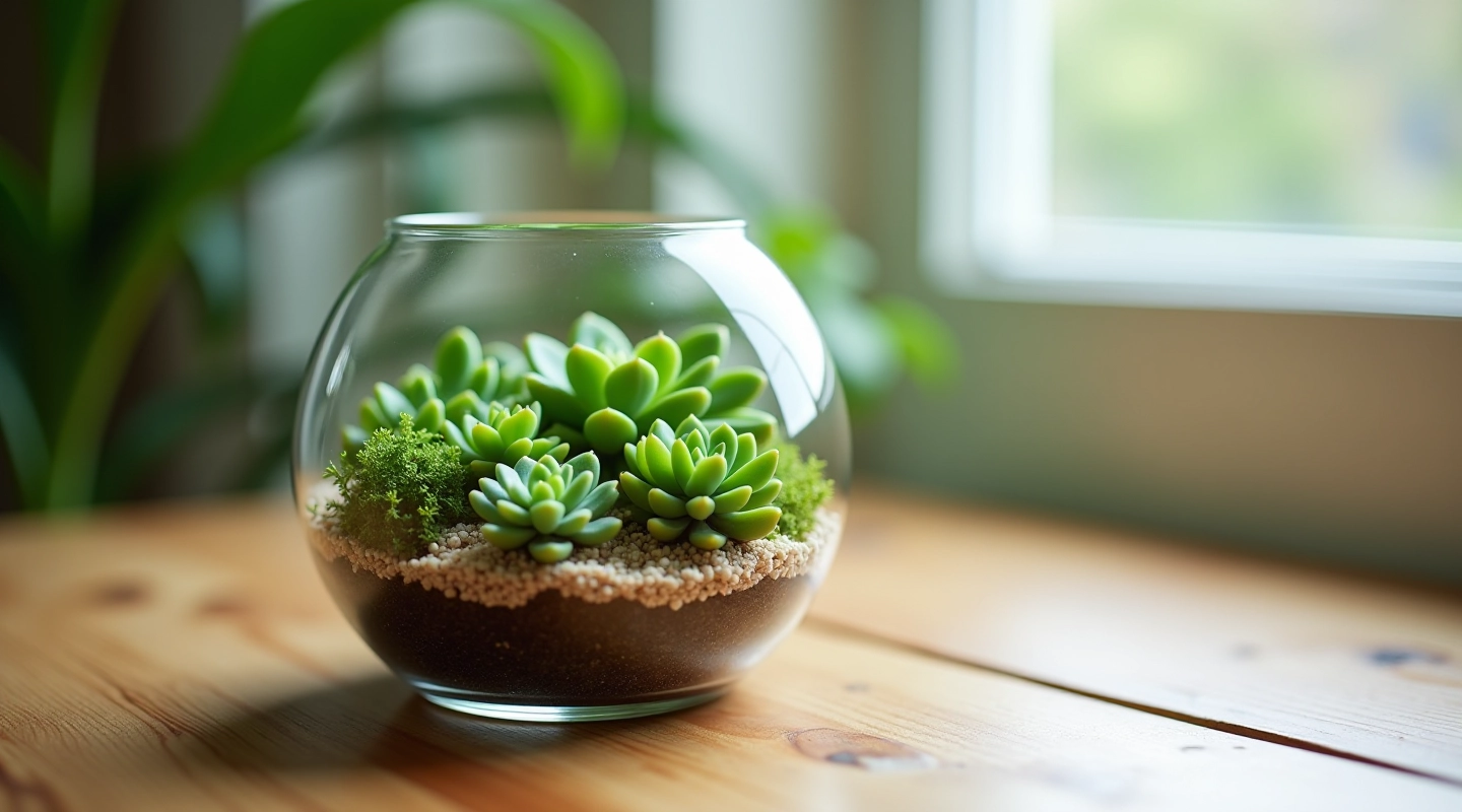 Handmade glass terrarium with thriving succulents and moss