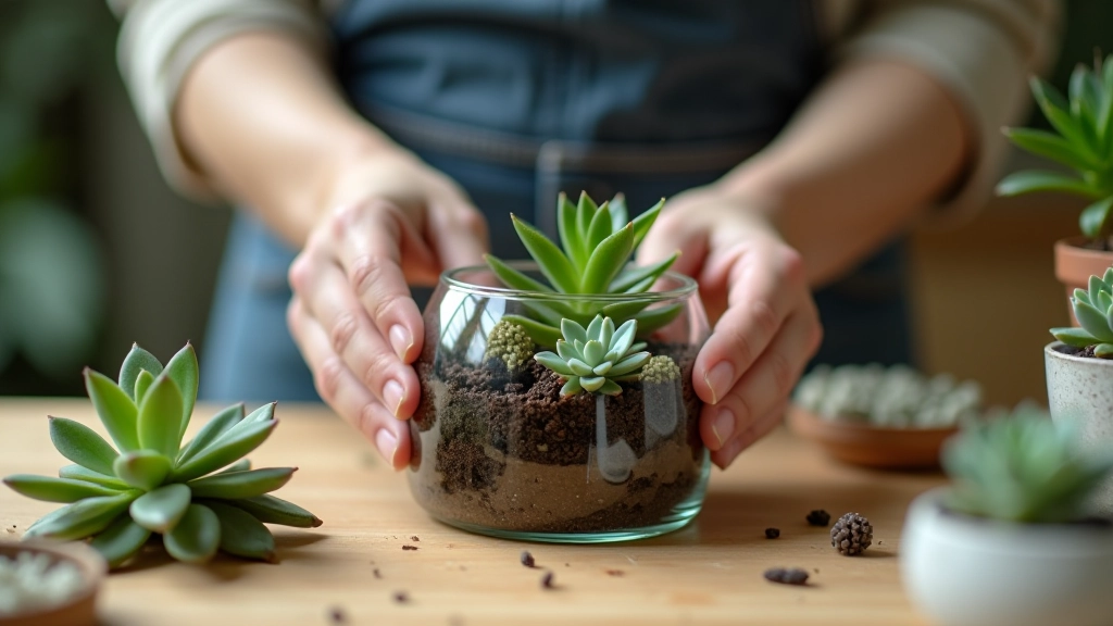 Hands assembling a DIY terrarium with glass container, soil, and succulent plants on a work surface