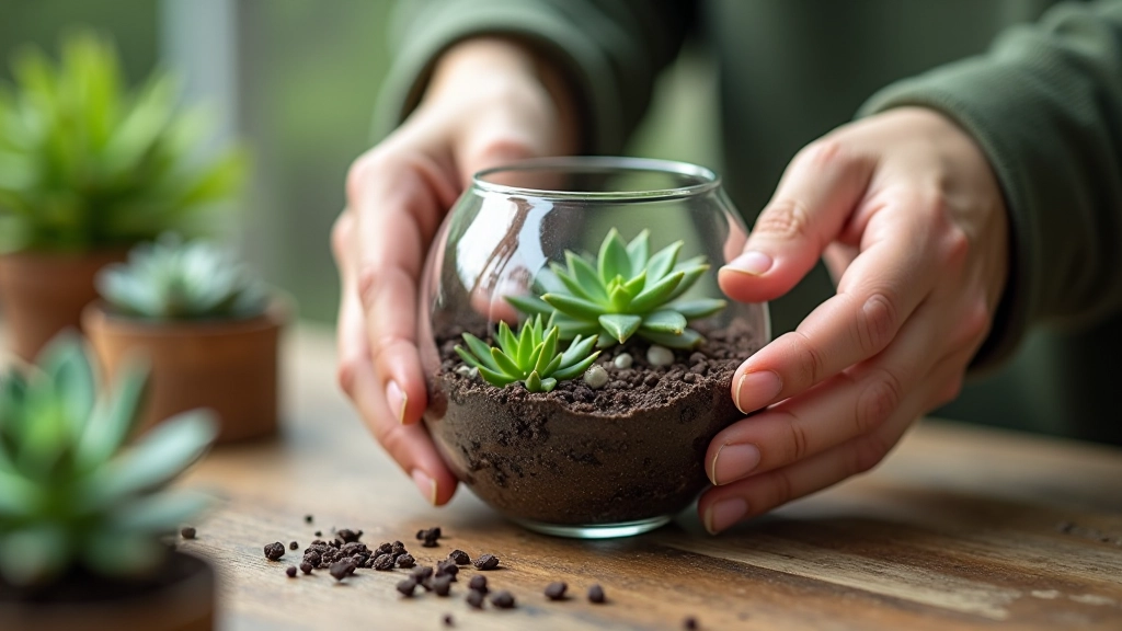 Hands assembling a succulent terrarium step-by-step with soil, plants, and decorative elements