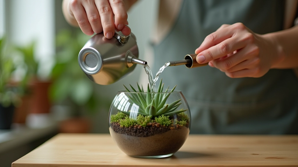 Hands demonstrating watering technique for succulent terrarium using small watering can indoors