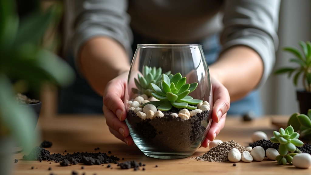 Hands layering materials into a glass terrarium with pebbles charcoal and soil visible during construction