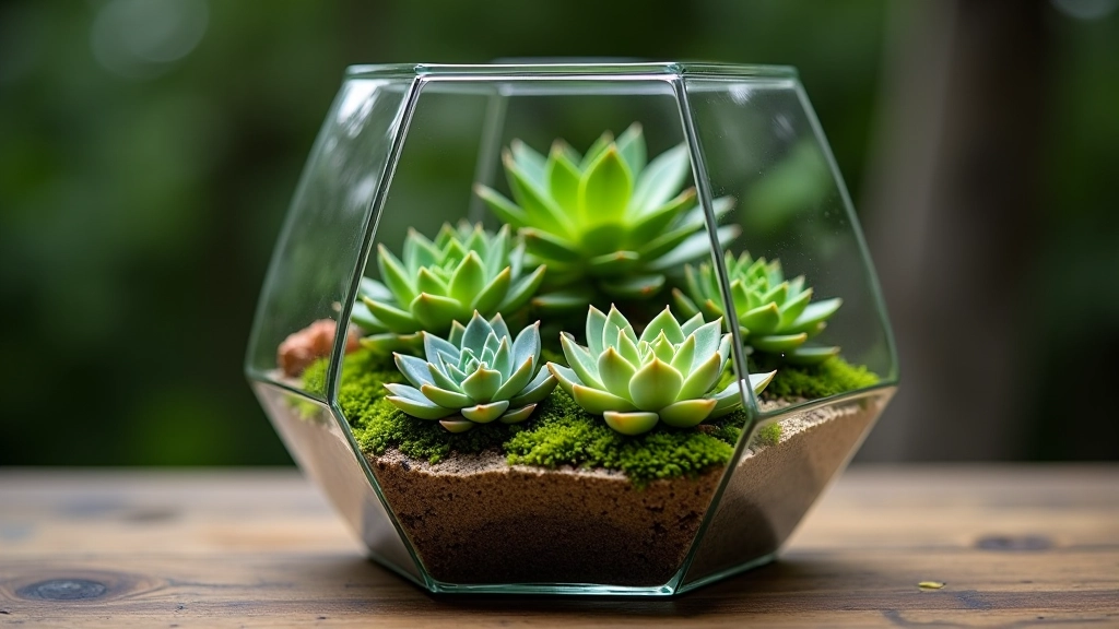 Large hexagonal glass terrarium with diverse succulent arrangement