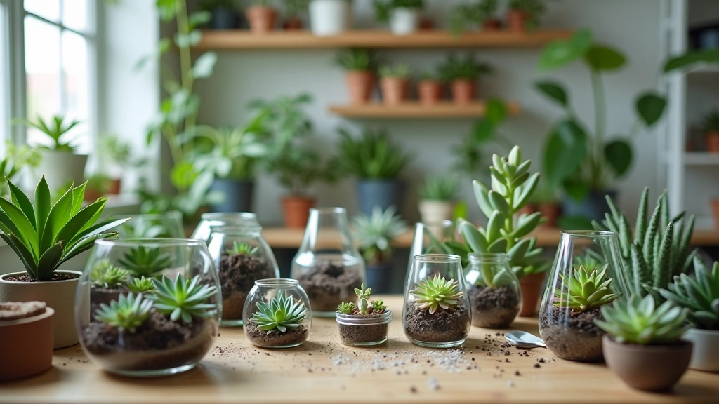 quantmont workspace with terrarium materials and plants