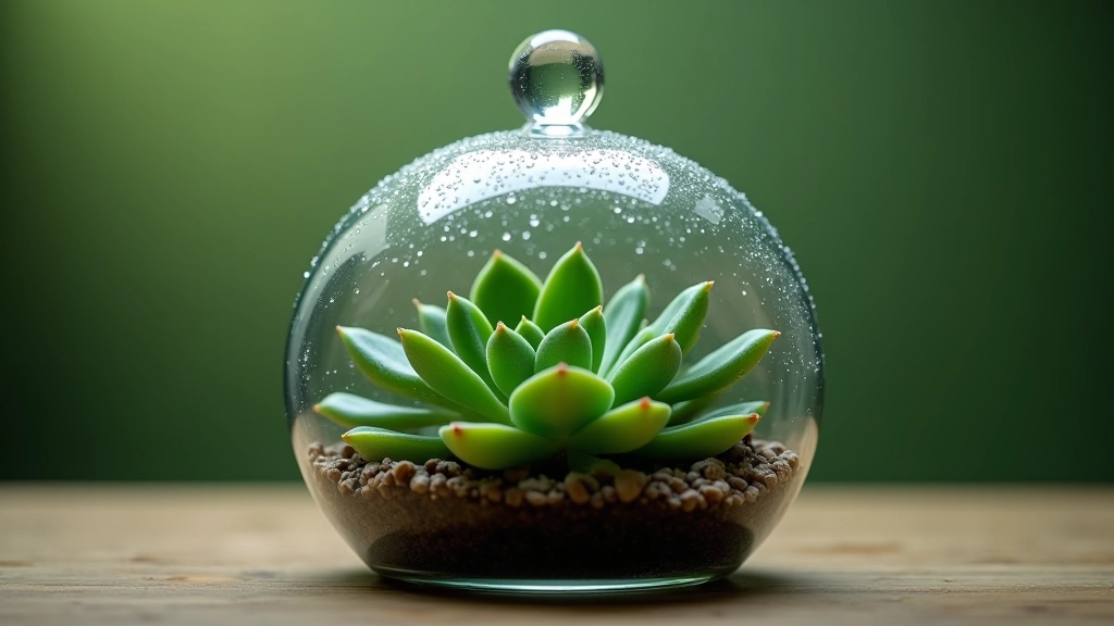 Sealed glass terrarium with visible water droplets on the interior walls and lush green succulents thriving inside