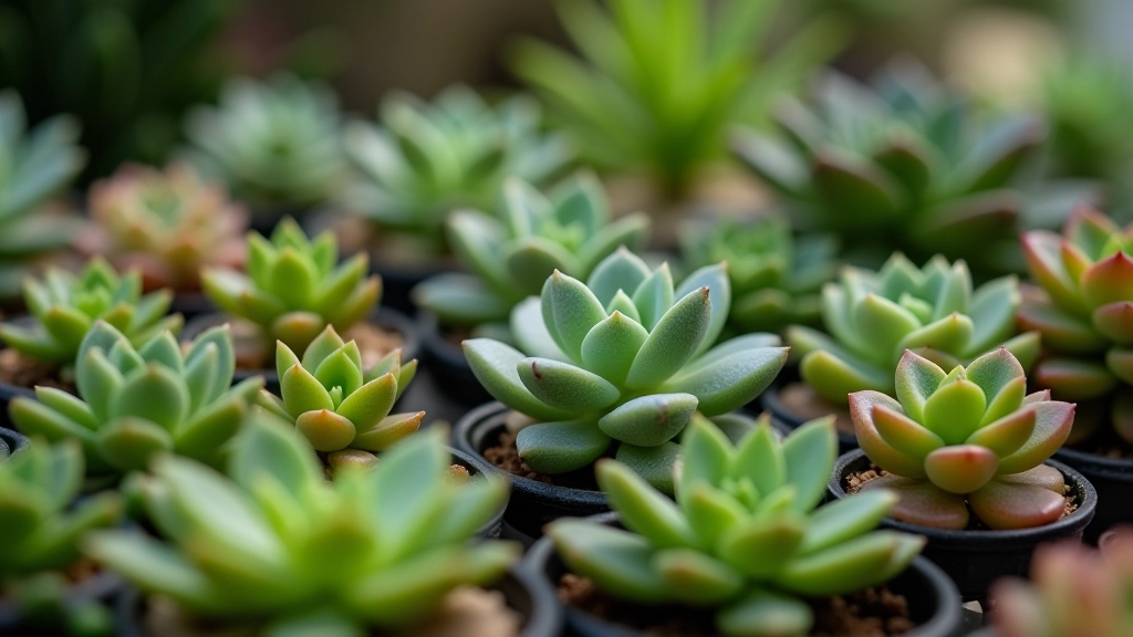 Various succulent plants in different colors and textures displayed together for selection