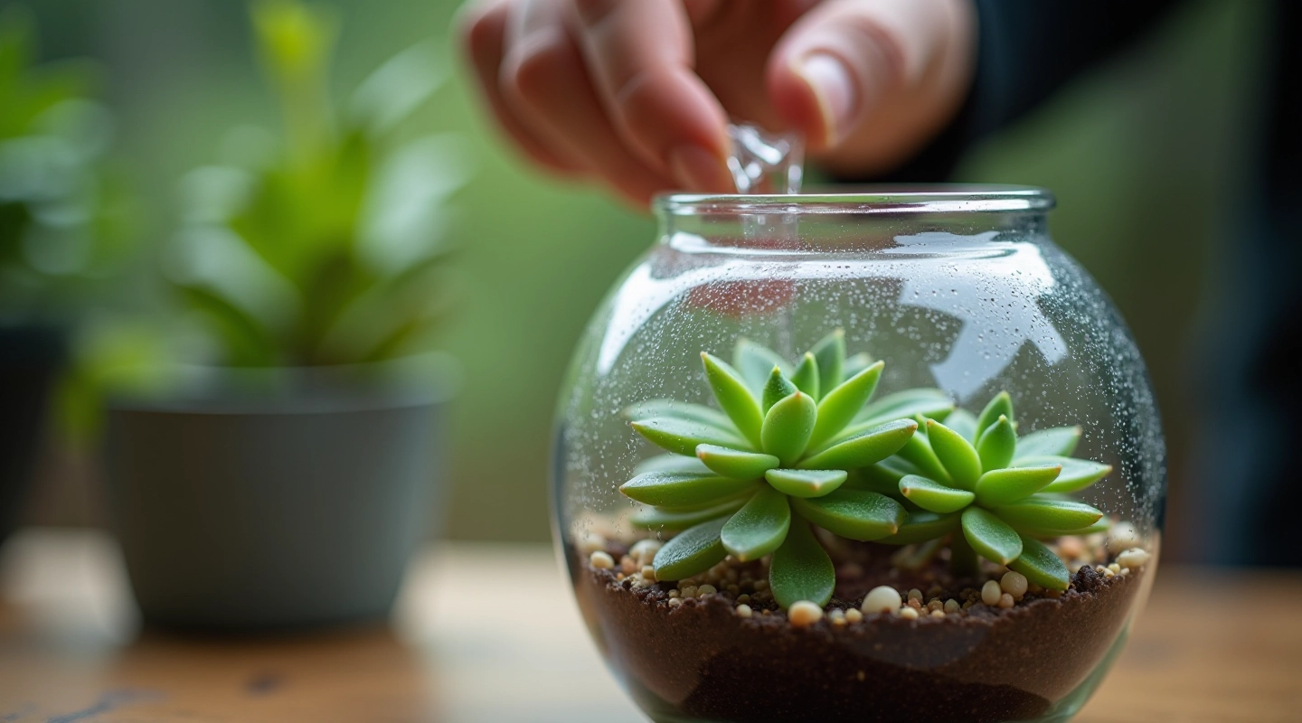 Watering and caring for glass terrariums with condensation droplets visible on the glass