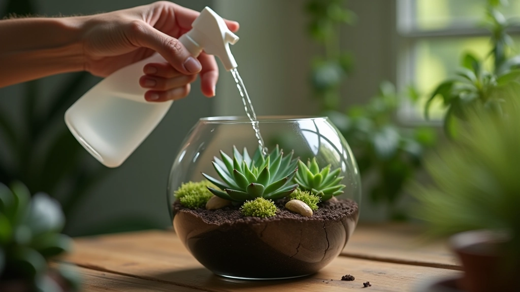Watering succulent terrarium with spray bottle, showing proper moisture level in soil